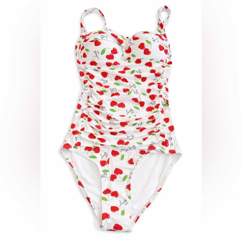 Betsey Johnson Cherry Print One Piece Swimsuit Size Small NWOT Retro Pin Up